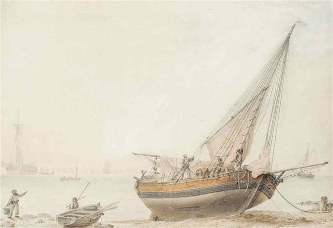 Wikioo.org - สารานุกรมวิจิตรศิลป์ - จิตรกรรม Samuel Atkins - A beached trading vessel at low tide with figures tending to the rigging