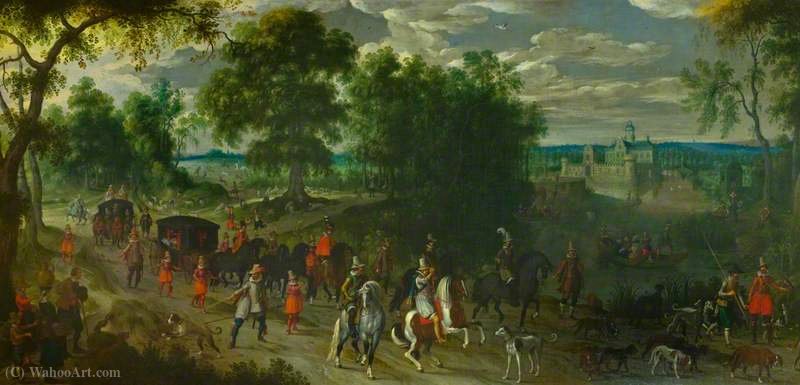Wikioo.org - The Encyclopedia of Fine Arts - Painting, Artwork by Sebastian Vrancx - Landscape with Members of the House of Orange Returning from a Hunt