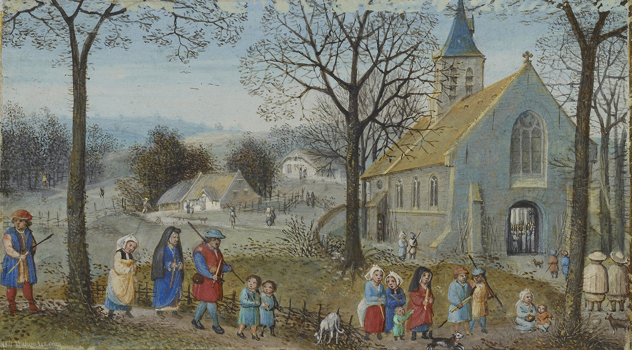 WikiOO.org - אנציקלופדיה לאמנויות יפות - ציור, יצירות אמנות Simon Bening - Villagers on Their Way to Church