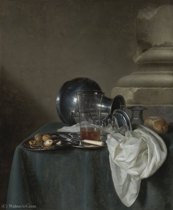 Wikioo.org - The Encyclopedia of Fine Arts - Painting, Artwork by Simon Luttichuijs - A still life with a pewter jug on its side, a glass of ale, a salt cellar, a bread roll and other objects on a table draped in a dark green cloth