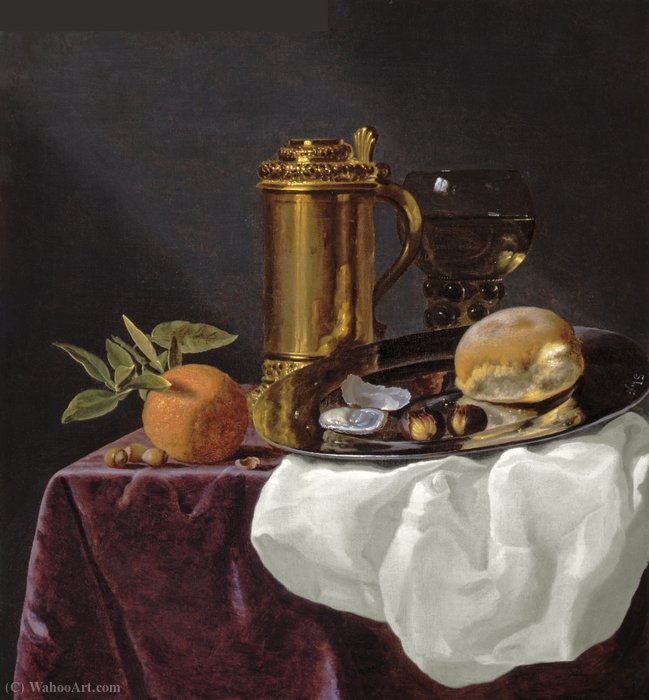 WikiOO.org - Εγκυκλοπαίδεια Καλών Τεχνών - Ζωγραφική, έργα τέχνης Simon Luttichuijs - Tankard with Oysters, Bread and an Orange resting on a Draped Ledge