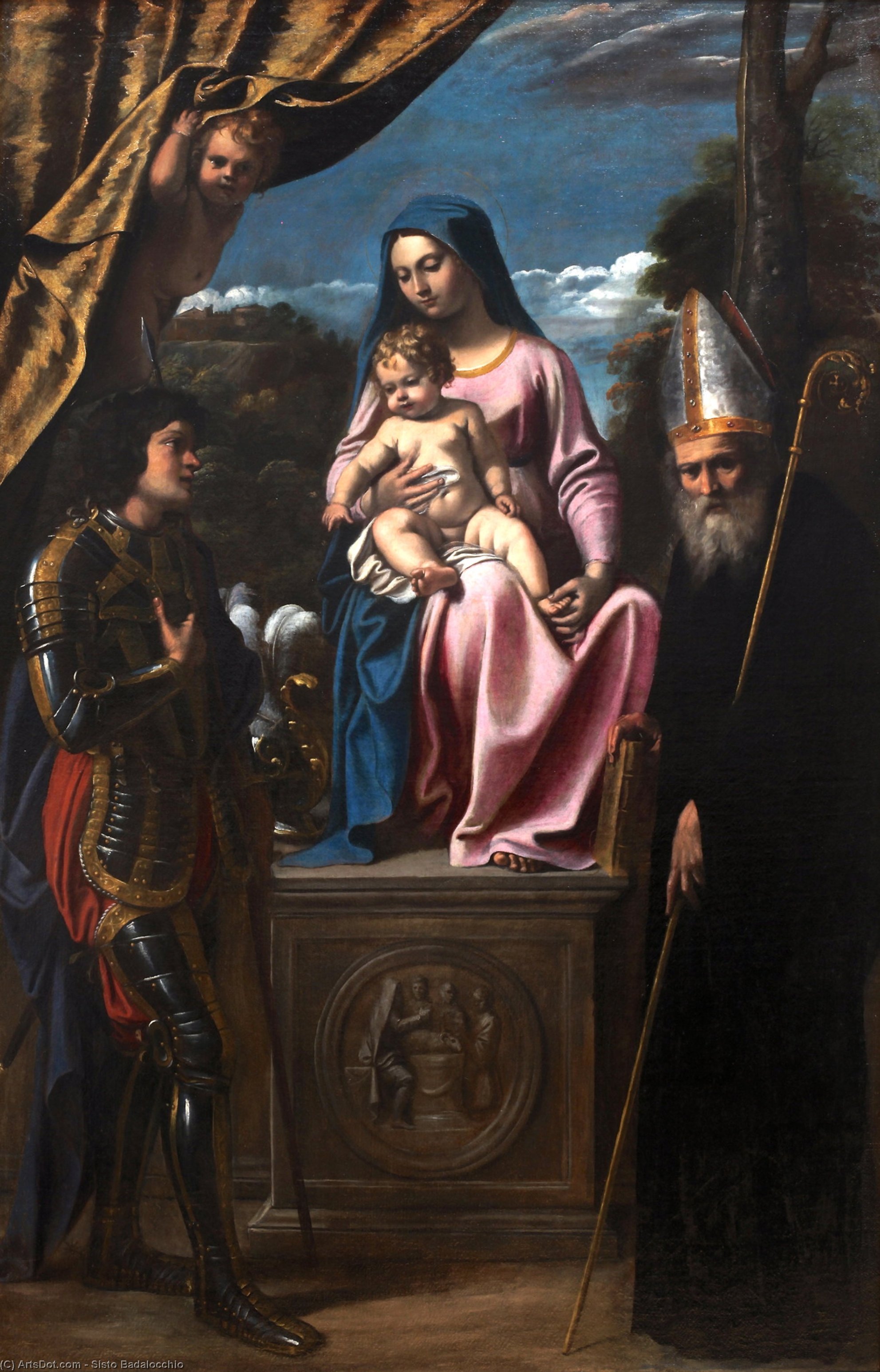 Wikioo.org - The Encyclopedia of Fine Arts - Painting, Artwork by Sisto Badalocchio - Virgin and Child between St Benedict and St Quentin