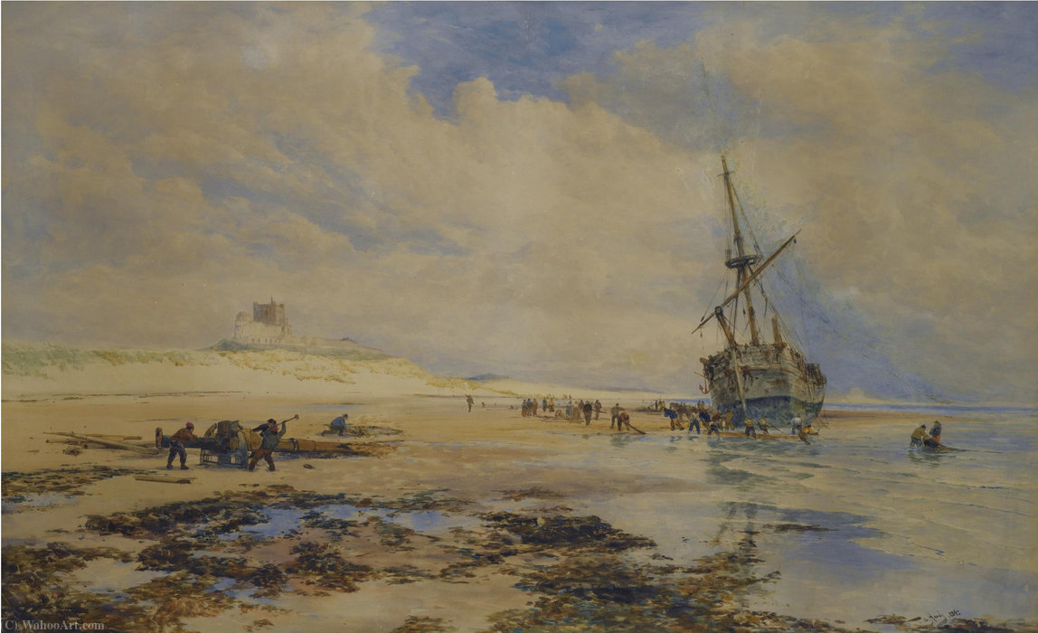 WikiOO.org - Encyclopedia of Fine Arts - Maleri, Artwork Thomas Bush Hardy - Sailors salvaging a wreck below banborough castle