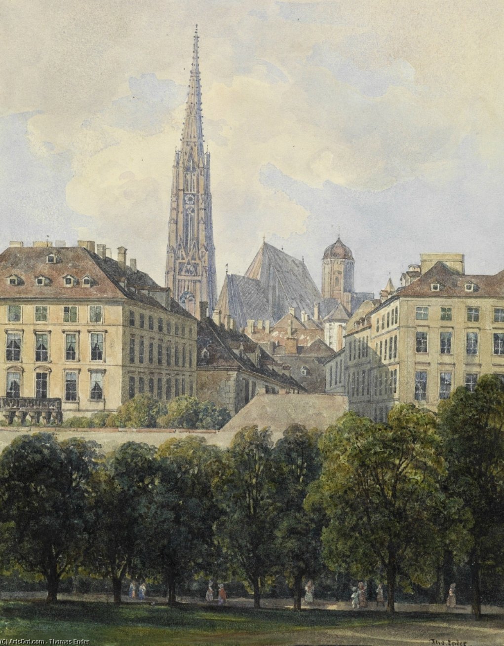 Wikioo.org - The Encyclopedia of Fine Arts - Painting, Artwork by Thomas Ender - Overlooking the St. Stephen's Cathedral from Glacis