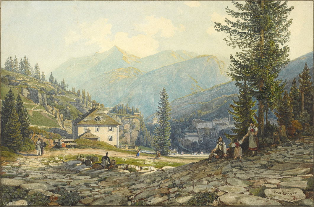 Wikioo.org - The Encyclopedia of Fine Arts - Painting, Artwork by Thomas Ender - View of the Residence of Archduke Johann in Gastein Hot Springs