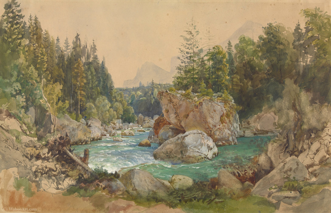 Wikioo.org - The Encyclopedia of Fine Arts - Painting, Artwork by Thomas Ender - Wooded River Landscape in the Alps