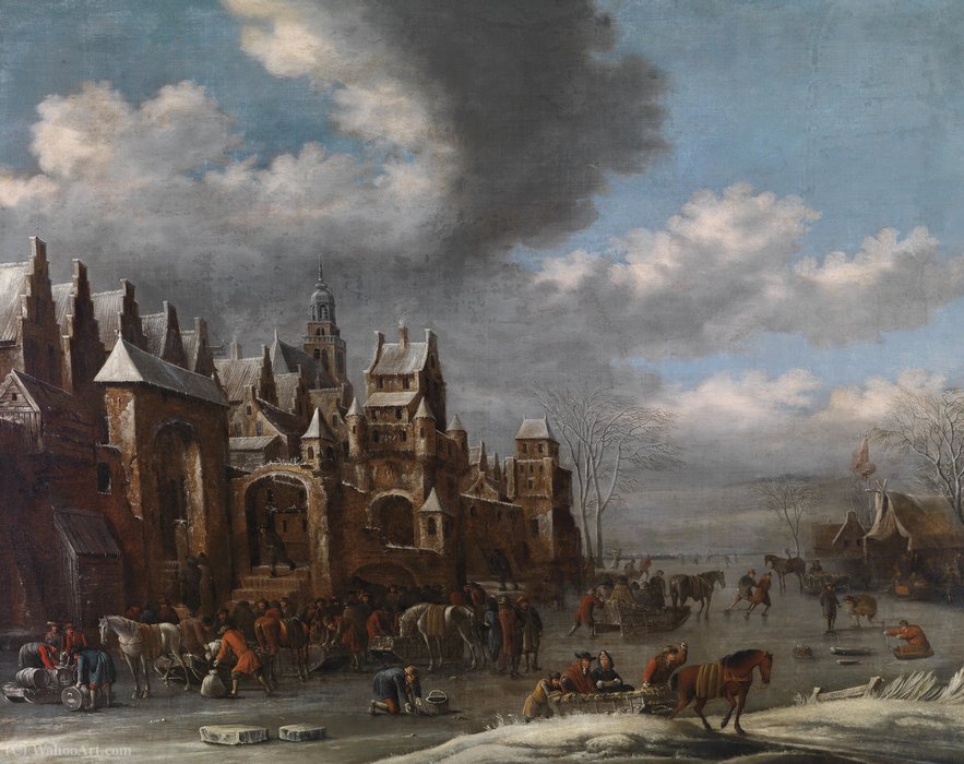 Wikioo.org - The Encyclopedia of Fine Arts - Painting, Artwork by Thomas Heeremans - Winter landscape with horses, sleighs and skaters in front of a fortified town,