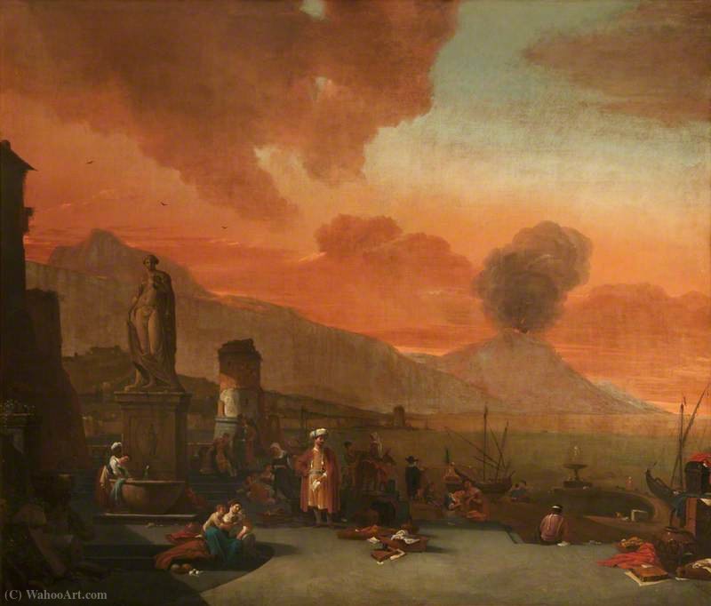 Wikioo.org - The Encyclopedia of Fine Arts - Painting, Artwork by Thomas Wijck - View of the Bay of Naples with Orientals and an Antique Statue