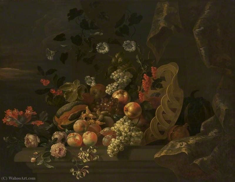 Wikioo.org - The Encyclopedia of Fine Arts - Painting, Artwork by Tobias Stranover - Still Life with a Basket of Fruit and Flowers