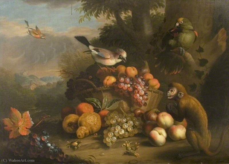 WikiOO.org - Encyclopedia of Fine Arts - Maľba, Artwork Tobias Stranover - Still Life with a Monkey, Jay and Parrot