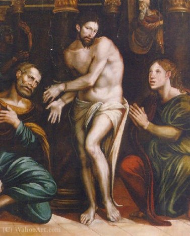Wikioo.org - The Encyclopedia of Fine Arts - Painting, Artwork by Vicente Masip - Christ at the Column with Saints John the Evangelist and Peter