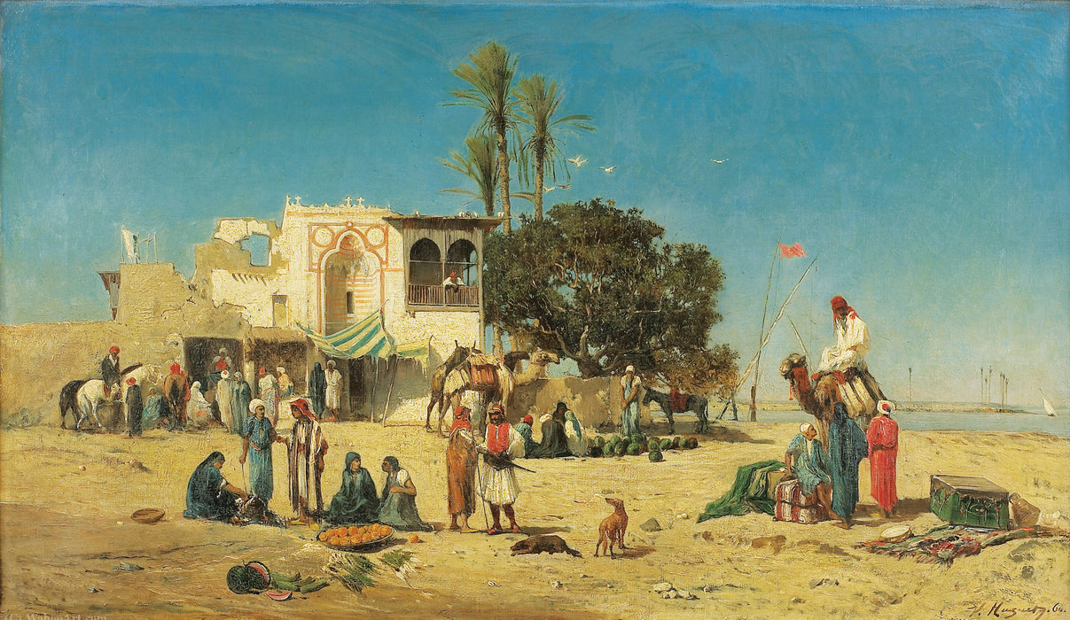 Wikioo.org - The Encyclopedia of Fine Arts - Painting, Artwork by Victor Pierre Huguet - Market at the edges of the nile