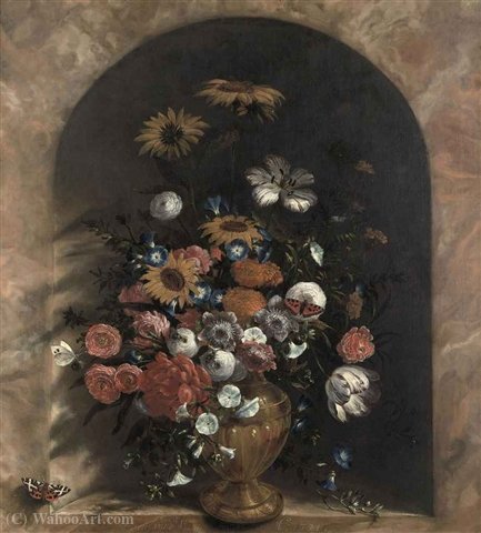 WikiOO.org - Encyclopedia of Fine Arts - Maľba, Artwork Vincent I Laurensz Van Der Vinne - Flowers in a stone niche