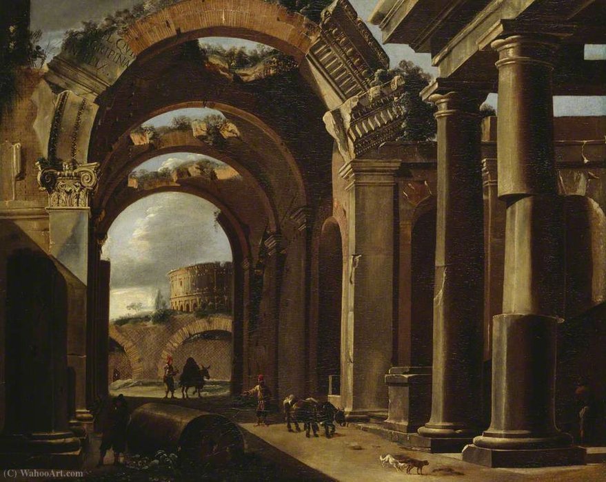 WikiOO.org - Encyclopedia of Fine Arts - Maleri, Artwork Viviano Codazzi - Classical Ruins with the Colosseum in the Background
