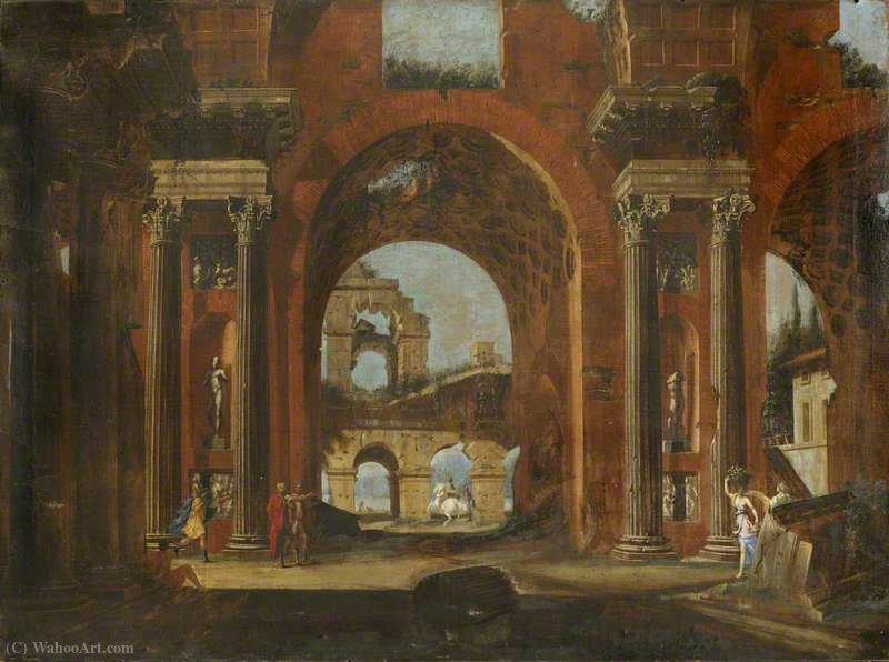 WikiOO.org - Encyclopedia of Fine Arts - Maleri, Artwork Viviano Codazzi - Classical Ruins, Horseman and Figures