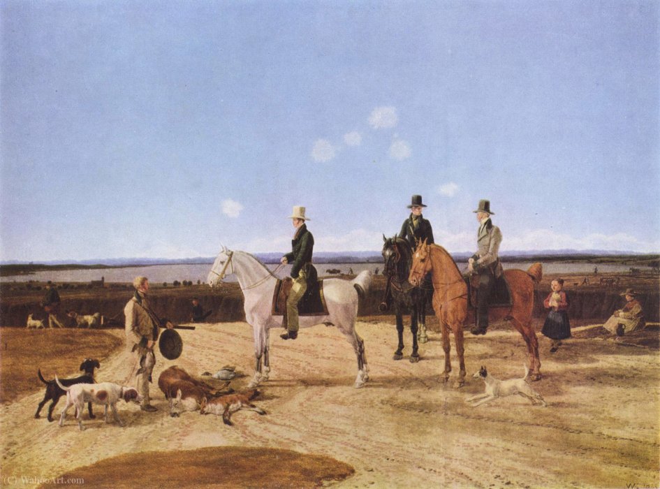 Wikioo.org - The Encyclopedia of Fine Arts - Painting, Artwork by Wilhelm Von Kobell - Hunters on horseback in Oberbayerischer landscape