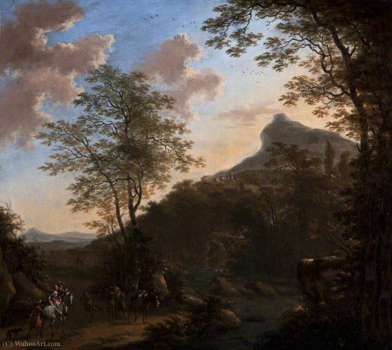 Wikioo.org - The Encyclopedia of Fine Arts - Painting, Artwork by Willem De Heusch - Hilly Landscape with Figures and Horses near a Bridge over a River