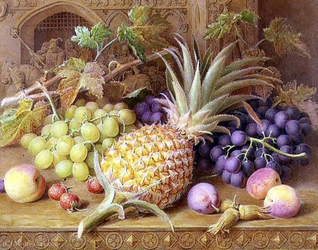 WikiOO.org - Енциклопедія образотворчого мистецтва - Живопис, Картини
 William Hough - A Still Life of a Pineapple Grapes Peaches Strawberries and Hazelnuts on a Dresser