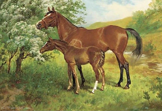 Wikioo.org - The Encyclopedia of Fine Arts - Painting, Artwork by Wilson Hepple - A mare and foal in an orchard
