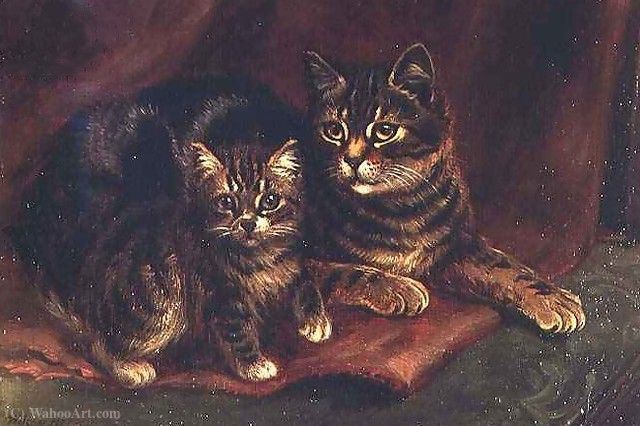 Wikioo.org - The Encyclopedia of Fine Arts - Painting, Artwork by Wilson Hepple - A Tabby Cat with a Kitten