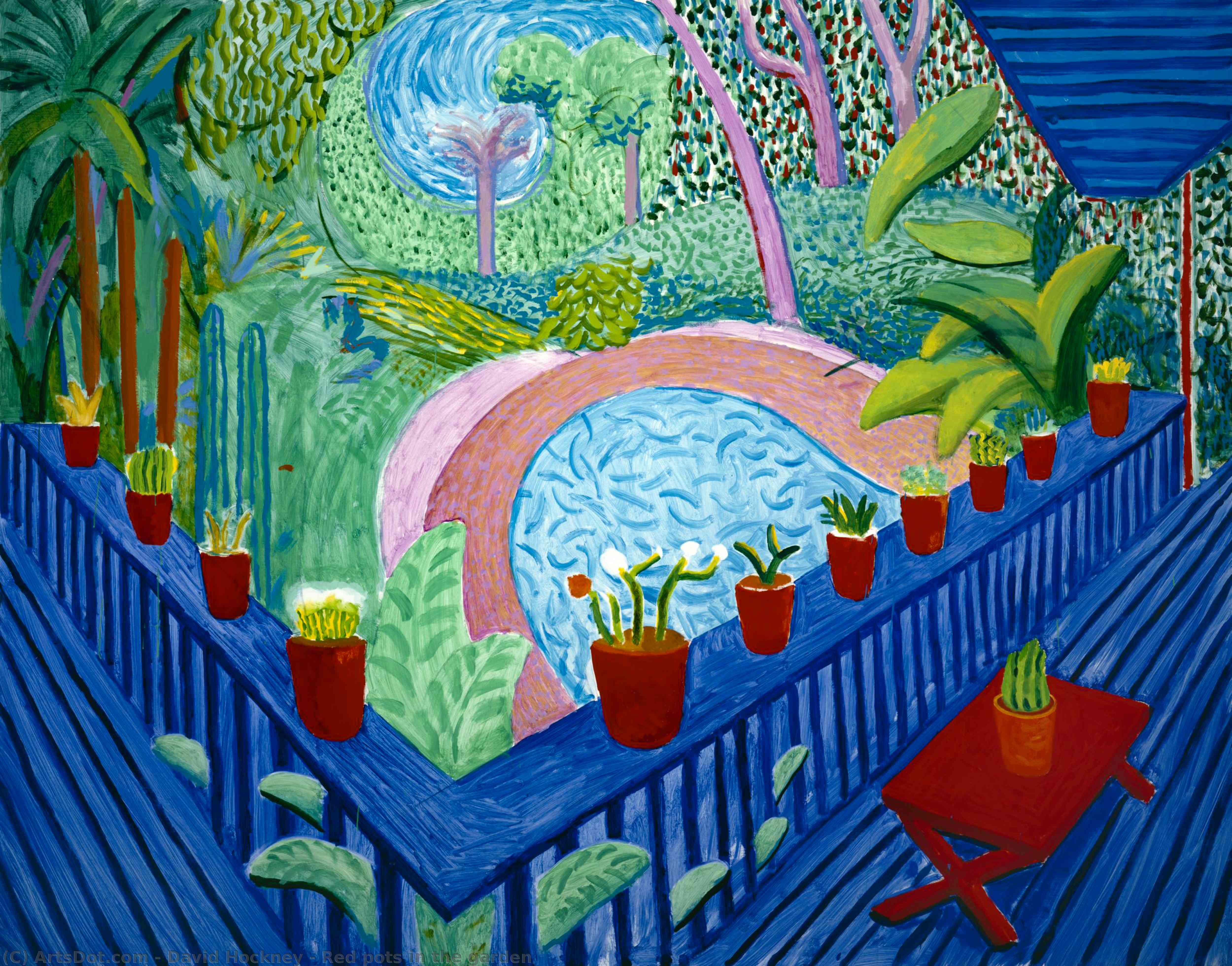 WikiOO.org - Enciclopédia das Belas Artes - Pintura, Arte por David Hockney - Red pots in the garden