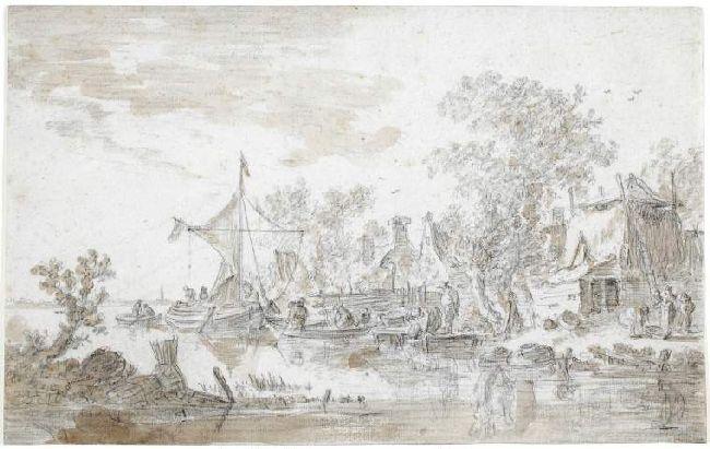 Wikioo.org - The Encyclopedia of Fine Arts - Painting, Artwork by Jan Van Goyen - Farm buildings by a river; several boats on river