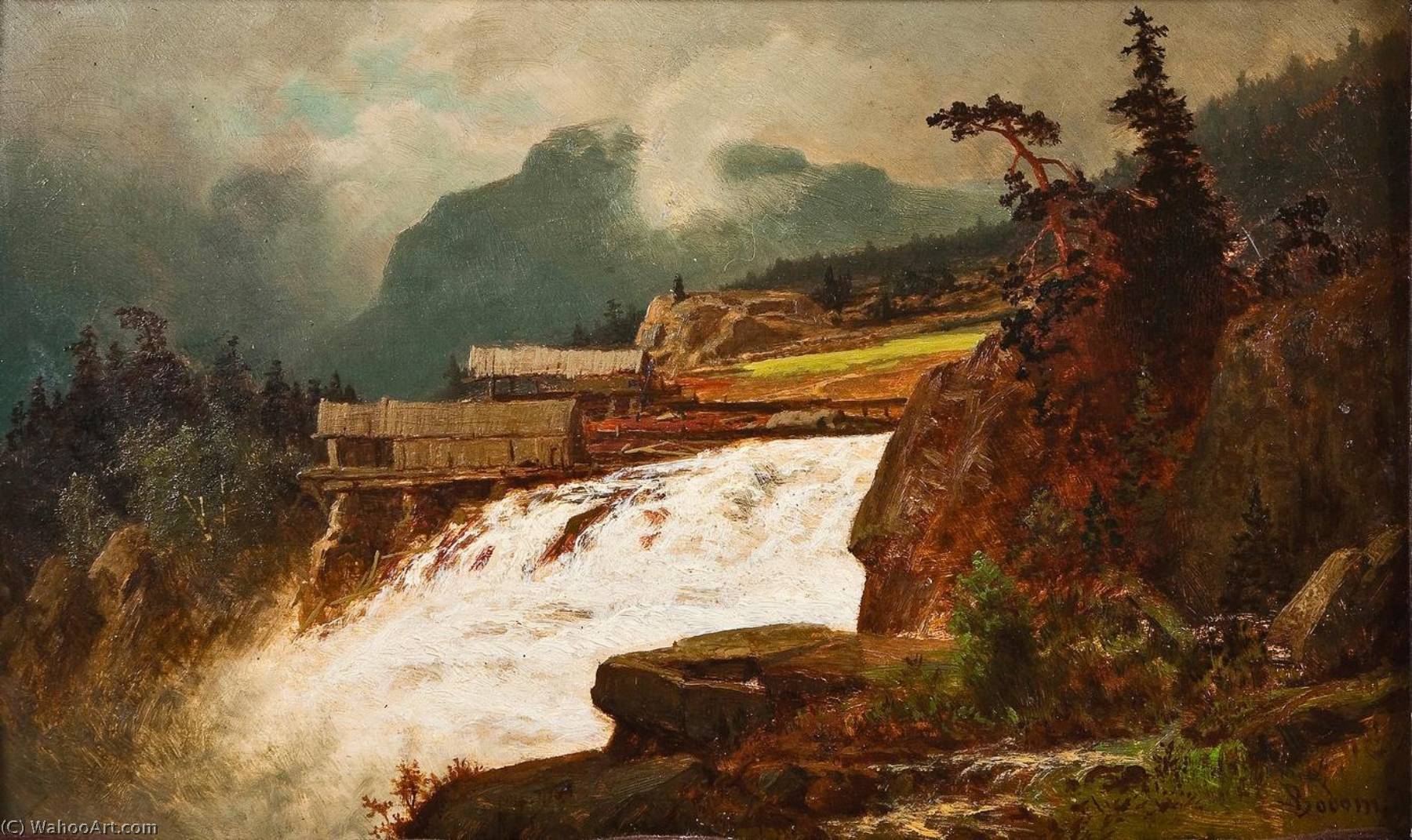 Wikioo.org - The Encyclopedia of Fine Arts - Painting, Artwork by Erik Bodom - Norwegian Foss med sagbruk Waterfall with sawmill