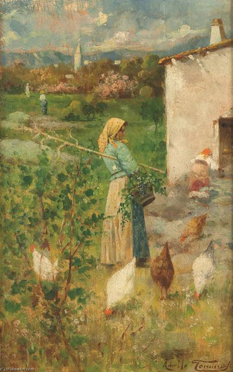 Wikioo.org – L'Encyclopédie des Beaux Arts - Peinture, Oeuvre de Adolfo Tommasi - paysage avec paysan  et  poulets