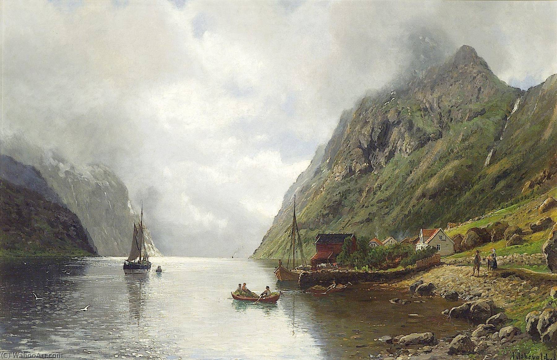 Wikioo.org – L'Enciclopedia delle Belle Arti - Pittura, Opere di Anders Monsen Askevold - Norvegese Norsk fjordlandskap Norvegese fiordo paesaggio