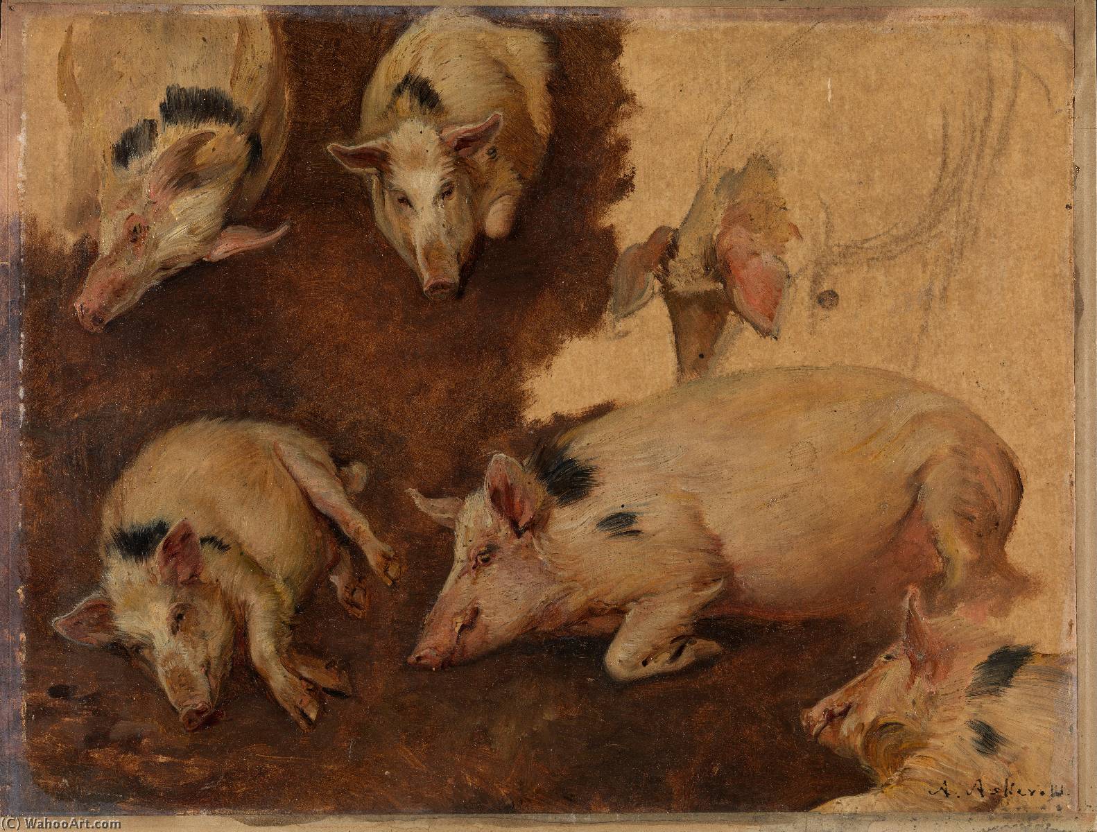 Wikioo.org - The Encyclopedia of Fine Arts - Painting, Artwork by Anders Monsen Askevold - English Study of six Pigs