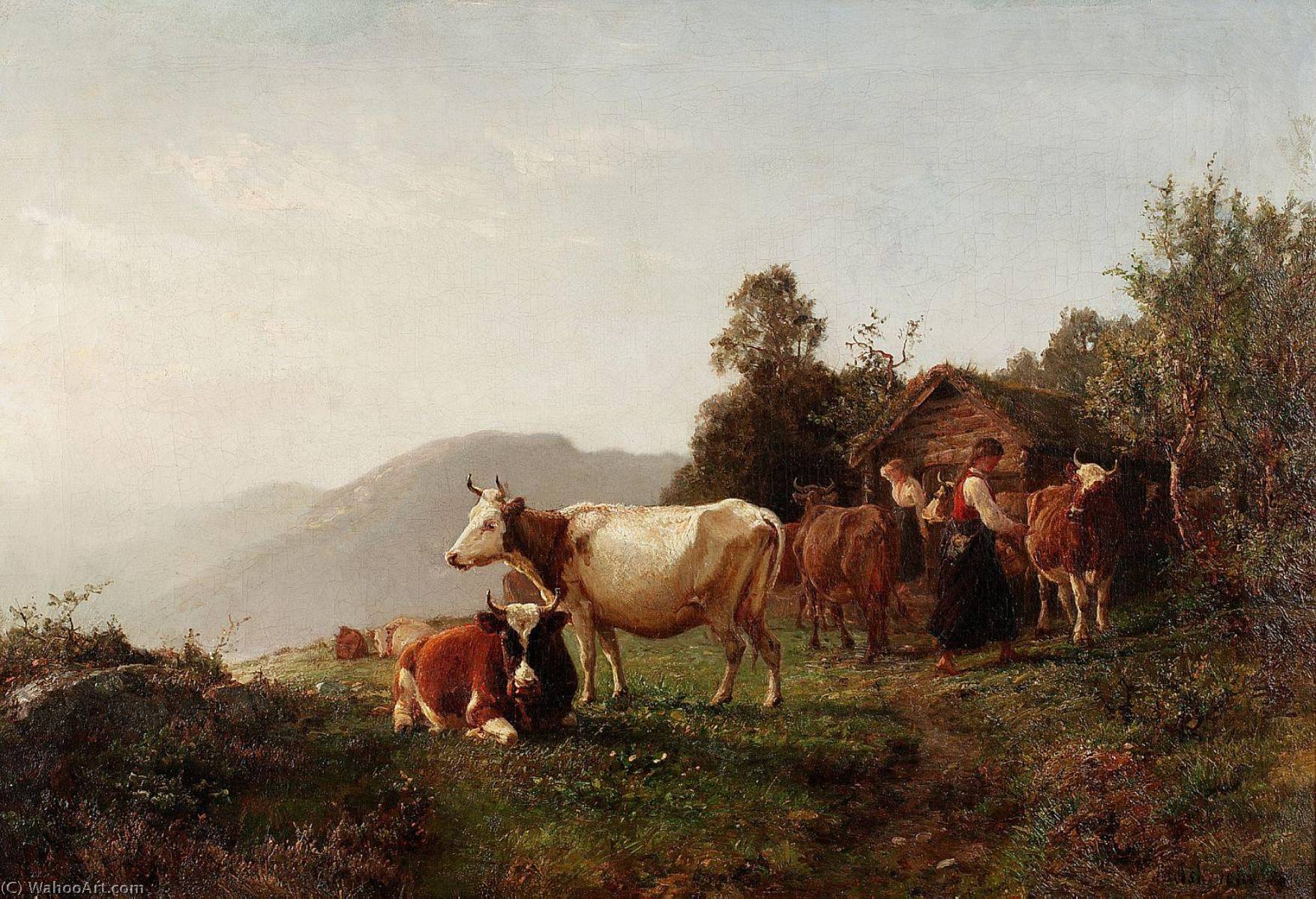 Wikioo.org - The Encyclopedia of Fine Arts - Painting, Artwork by Anders Monsen Askevold - Norwegian Sommerlandskap med kuer Summer landscape with cows