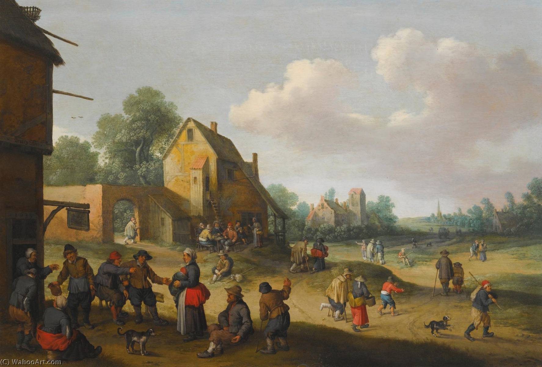 Wikioo.org - The Encyclopedia of Fine Arts - Painting, Artwork by Joost Cornelisz Droochsloot - Village scene with figures outside an inn