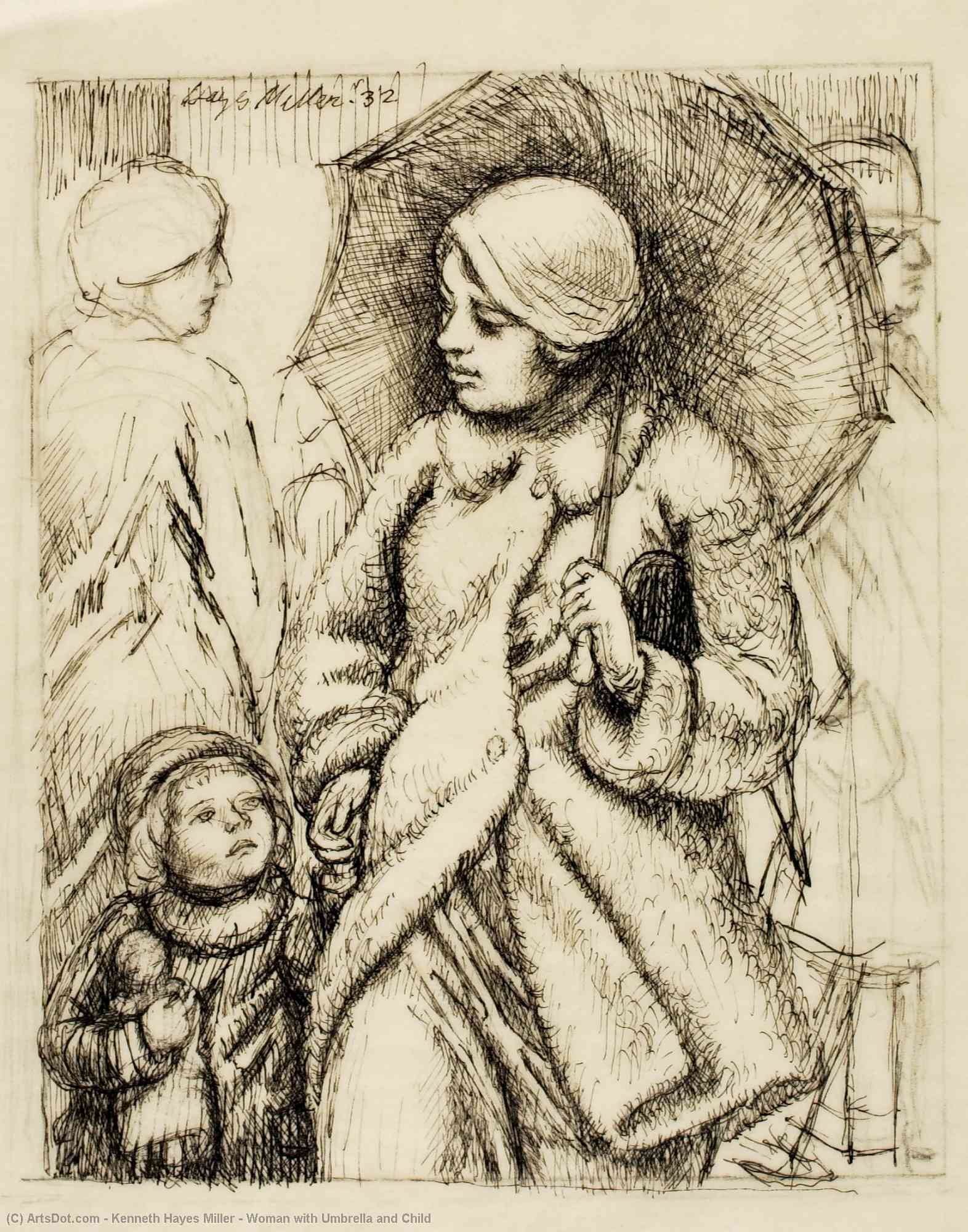 WikiOO.org - Encyclopedia of Fine Arts - Lukisan, Artwork Kenneth Hayes Miller - Woman with Umbrella and Child