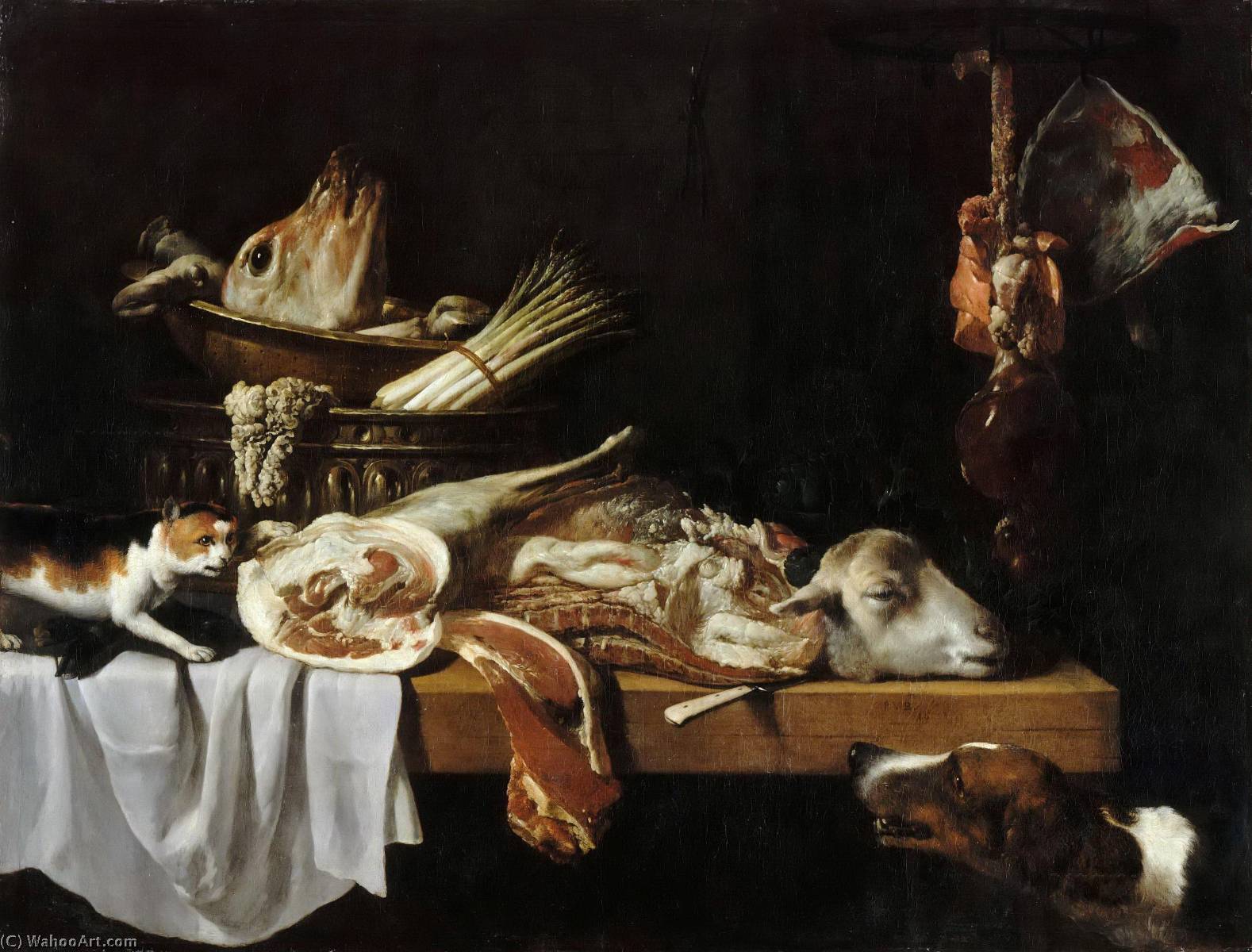 WikiOO.org - Encyclopedia of Fine Arts - Maleri, Artwork Pieter Van Boucle - Meat from the Butcher with Dog and Cat
