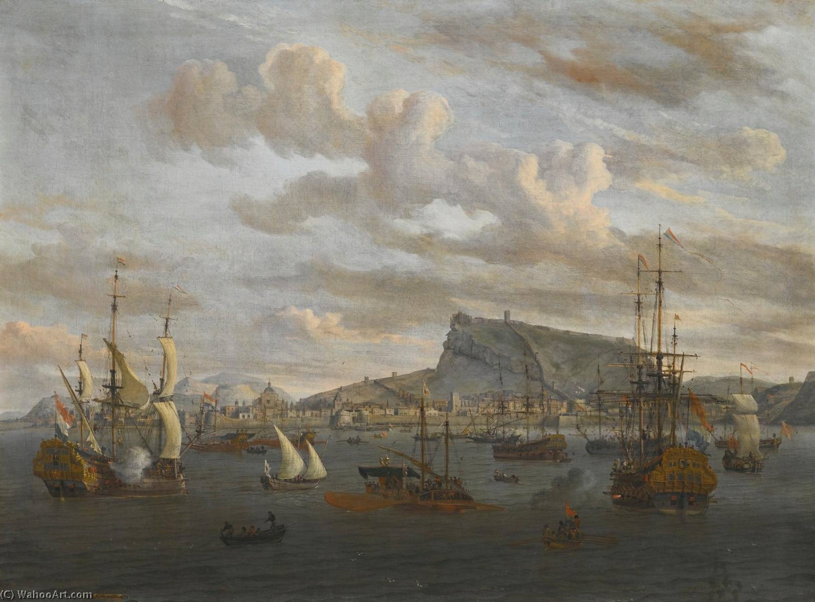 Wikioo.org - The Encyclopedia of Fine Arts - Painting, Artwork by Abraham Storck (Sturckenburch) - A view of Nafplion in Greece, with Dutch Indiamen, galleys and other vessels offshore