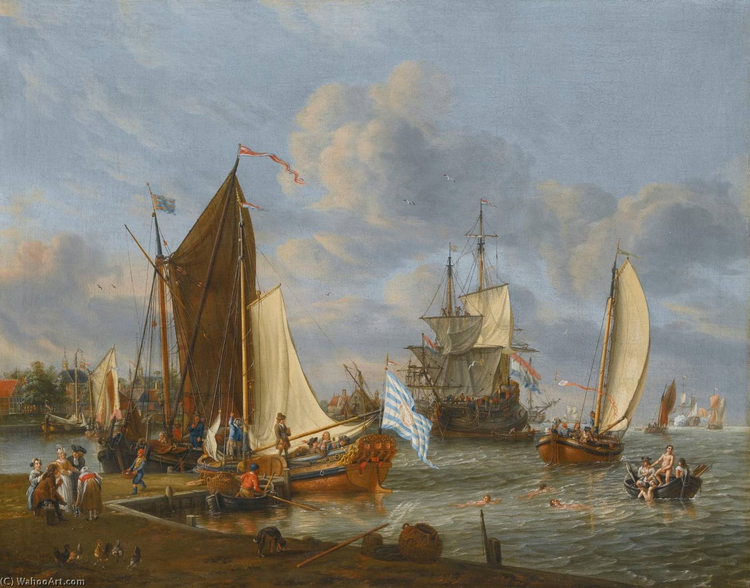 Wikioo.org - The Encyclopedia of Fine Arts - Painting, Artwork by Abraham Storck (Sturckenburch) - A Dutch harbour with a bezan yacht and a galjoot moored at a quay, a boeier yacht under sail and a man o'war anchored beyond, with figures bathing from a rowing boat