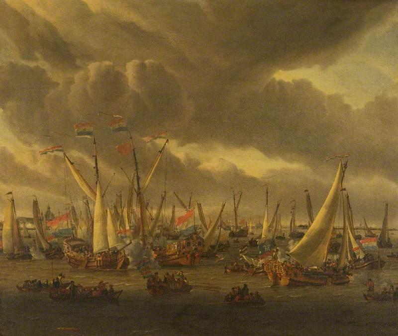 Wikioo.org - The Encyclopedia of Fine Arts - Painting, Artwork by Abraham Storck (Sturckenburch) - An Incident on a Mock Fight on the River Y, Amsterdam, in Honour of Peter the Great, 1 September 1697