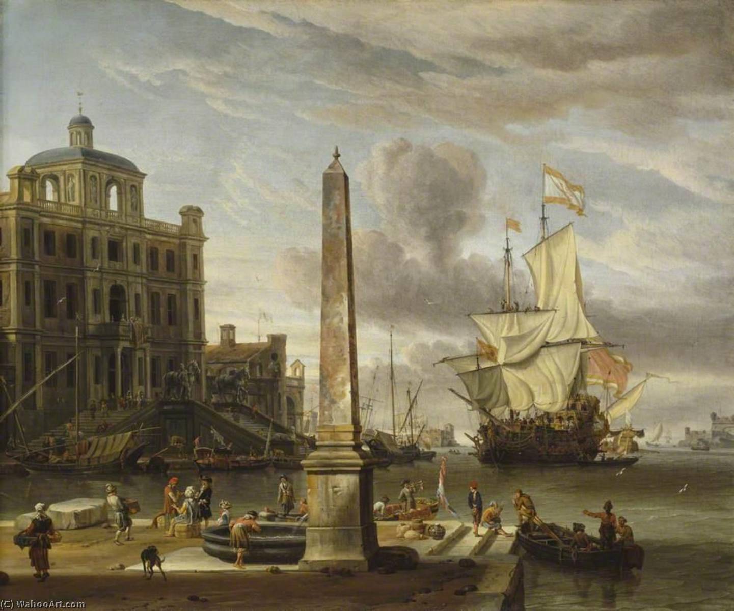 Wikioo.org - The Encyclopedia of Fine Arts - Painting, Artwork by Abraham Storck (Sturckenburch) - Italianate Harbour View with a Fantasy Building and Man o' War
