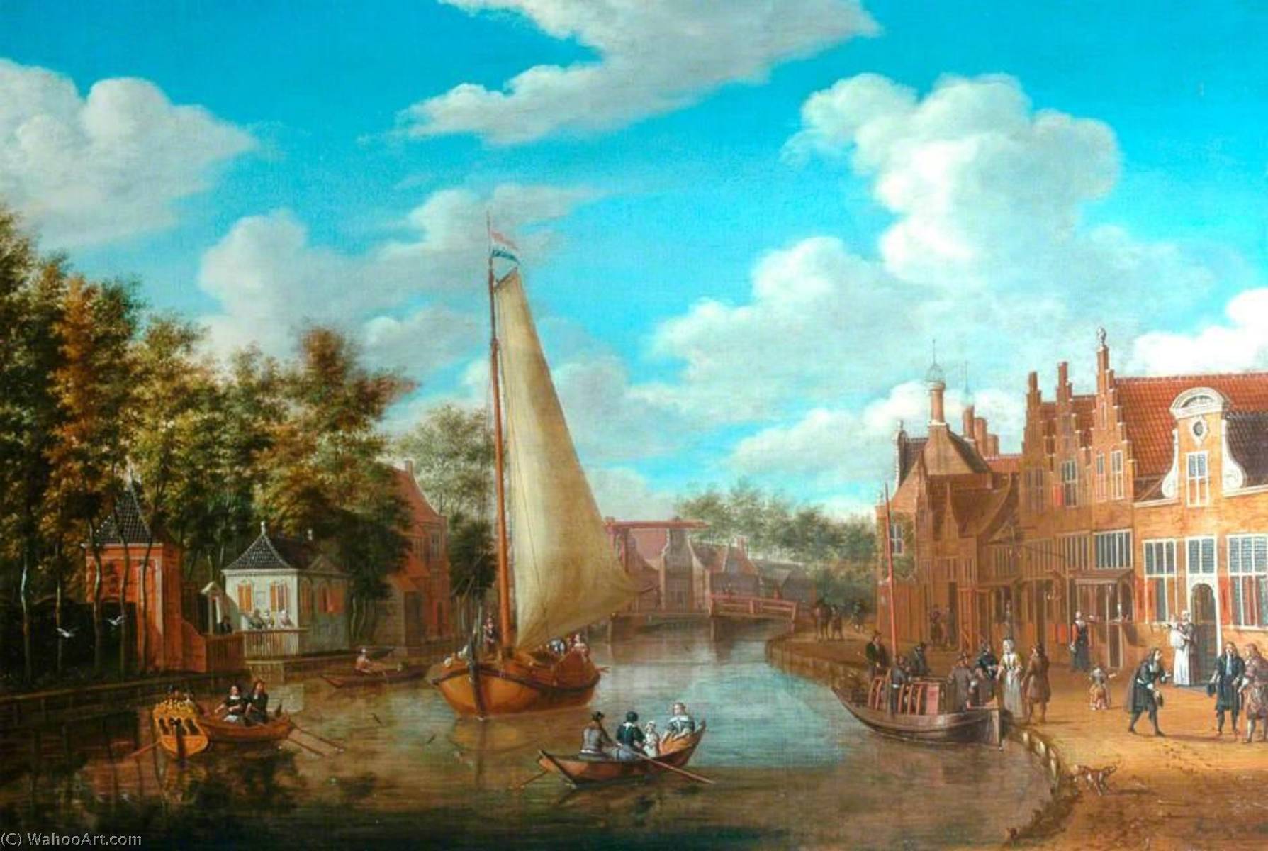Wikioo.org - The Encyclopedia of Fine Arts - Painting, Artwork by Abraham Storck (Sturckenburch) - Dutch Canal Scene with Rigged Sailing Vessels and Figures among the Terraced Houses of Holland