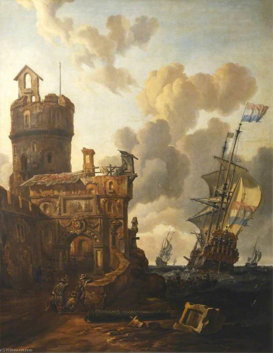 WikiOO.org - Enciclopédia das Belas Artes - Pintura, Arte por Abraham Storck (Sturckenburch) - A Dutch Ship Passing a Fort