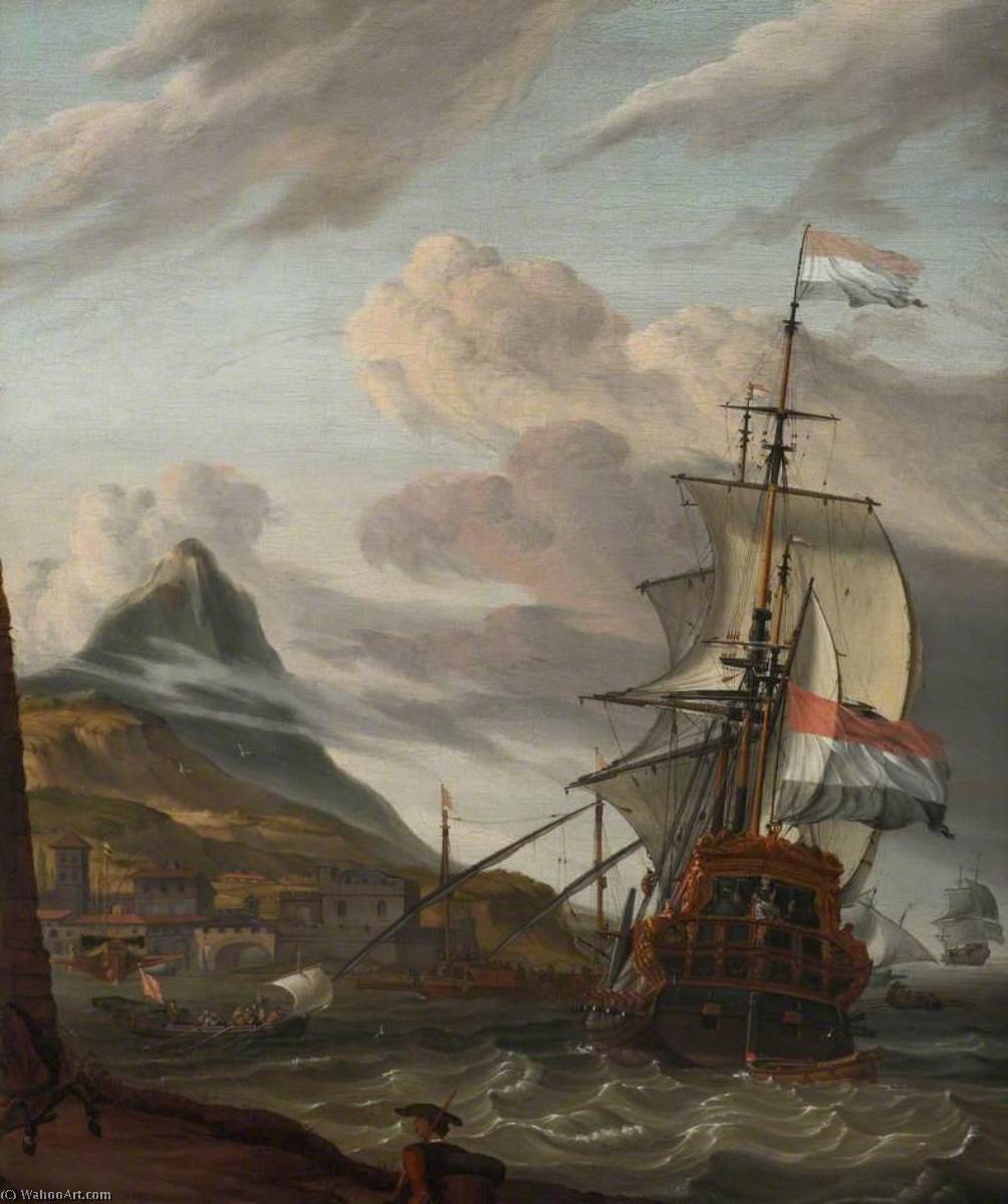 Wikioo.org - The Encyclopedia of Fine Arts - Painting, Artwork by Abraham Storck (Sturckenburch) - A Dutch Ship Entering a Mediterranean Port