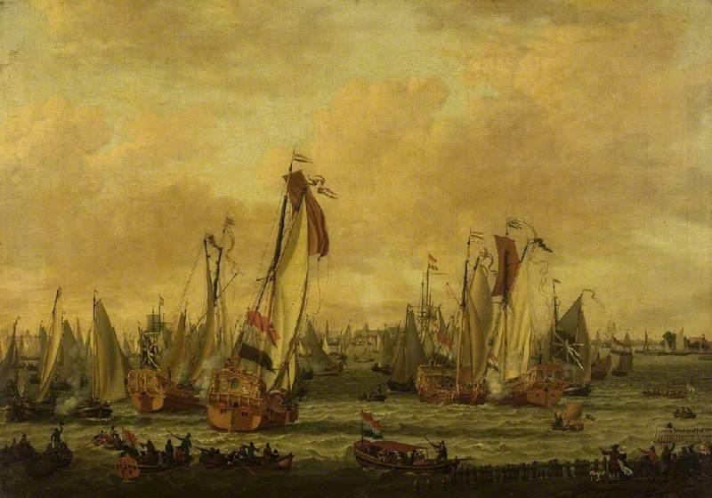 WikiOO.org - אנציקלופדיה לאמנויות יפות - ציור, יצירות אמנות Abraham Storck (Sturckenburch) - A Marine Sham Fight on the Y Before Amsterdam