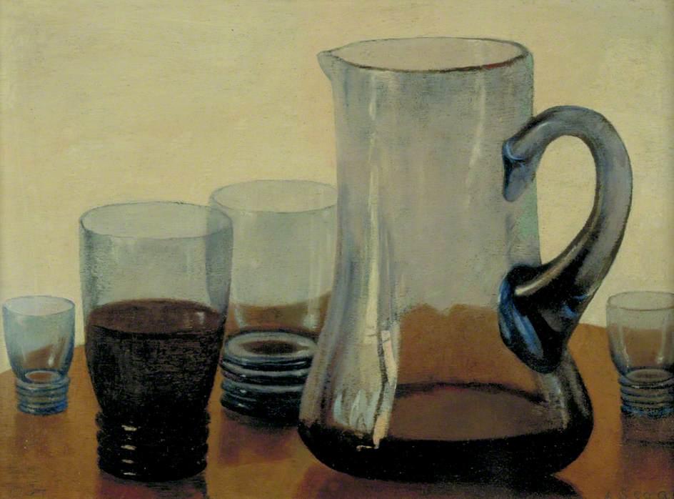 Wikioo.org - The Encyclopedia of Fine Arts - Painting, Artwork by Arthur Segal - Glass Jug and Four Glasses