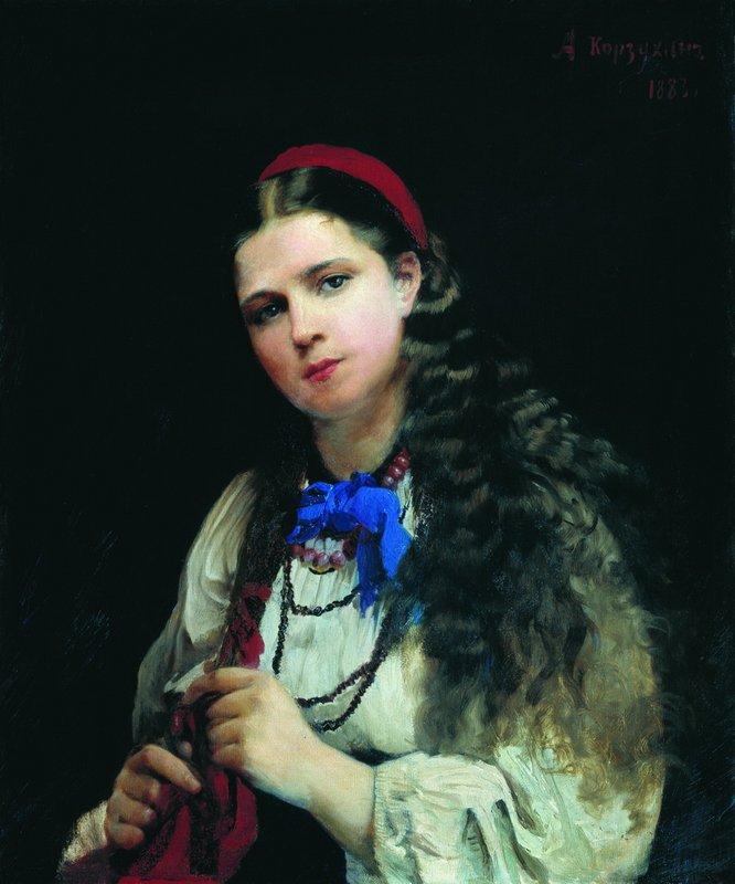 Wikioo.org - The Encyclopedia of Fine Arts - Painting, Artwork by Aleksei Ivanovich Korzukhin - A Girl Braiding a Plait