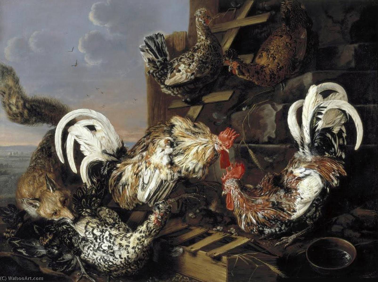 WikiOO.org – 美術百科全書 - 繪畫，作品 Christiaen Luyckx - 鸡 袭击  通过  一个  狐狸