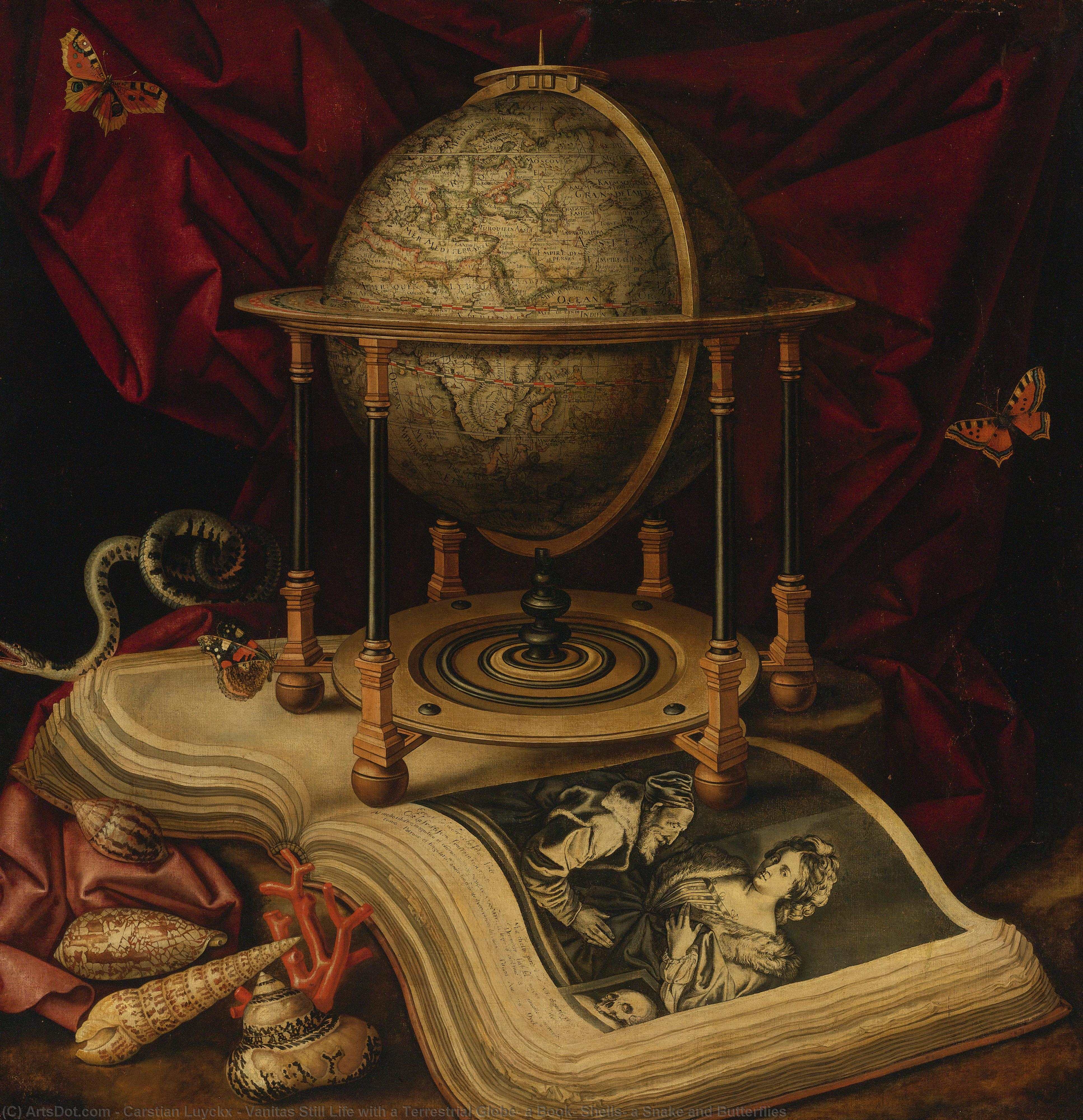 Wikioo.org - The Encyclopedia of Fine Arts - Painting, Artwork by Carstian Luyckx - Vanitas Still Life with a Terrestrial Globe, a Book, Shells, a Snake and Butterflies