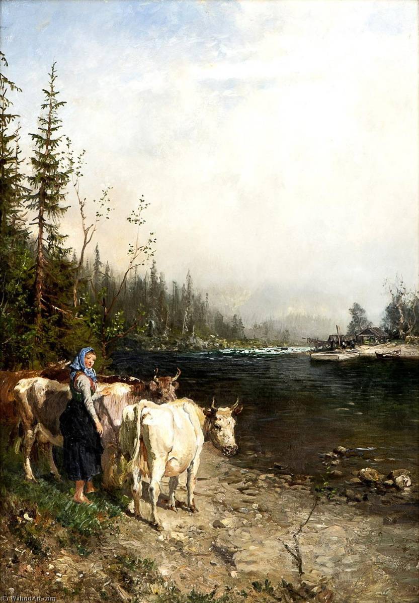 Wikioo.org – L'Encyclopédie des Beaux Arts - Peinture, Oeuvre de Anders Monsen Askevold - Trayeuse avec  vaches  par de  Berge de rivière