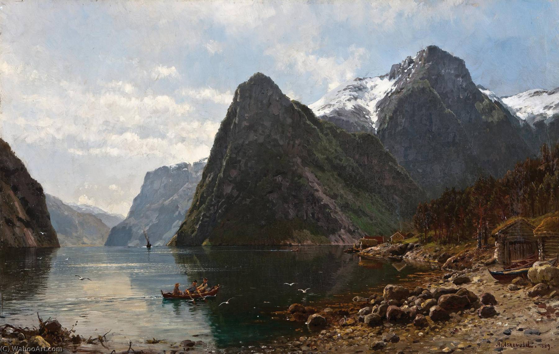 Wikioo.org - The Encyclopedia of Fine Arts - Painting, Artwork by Anders Monsen Askevold - Fjord Landscape with People
