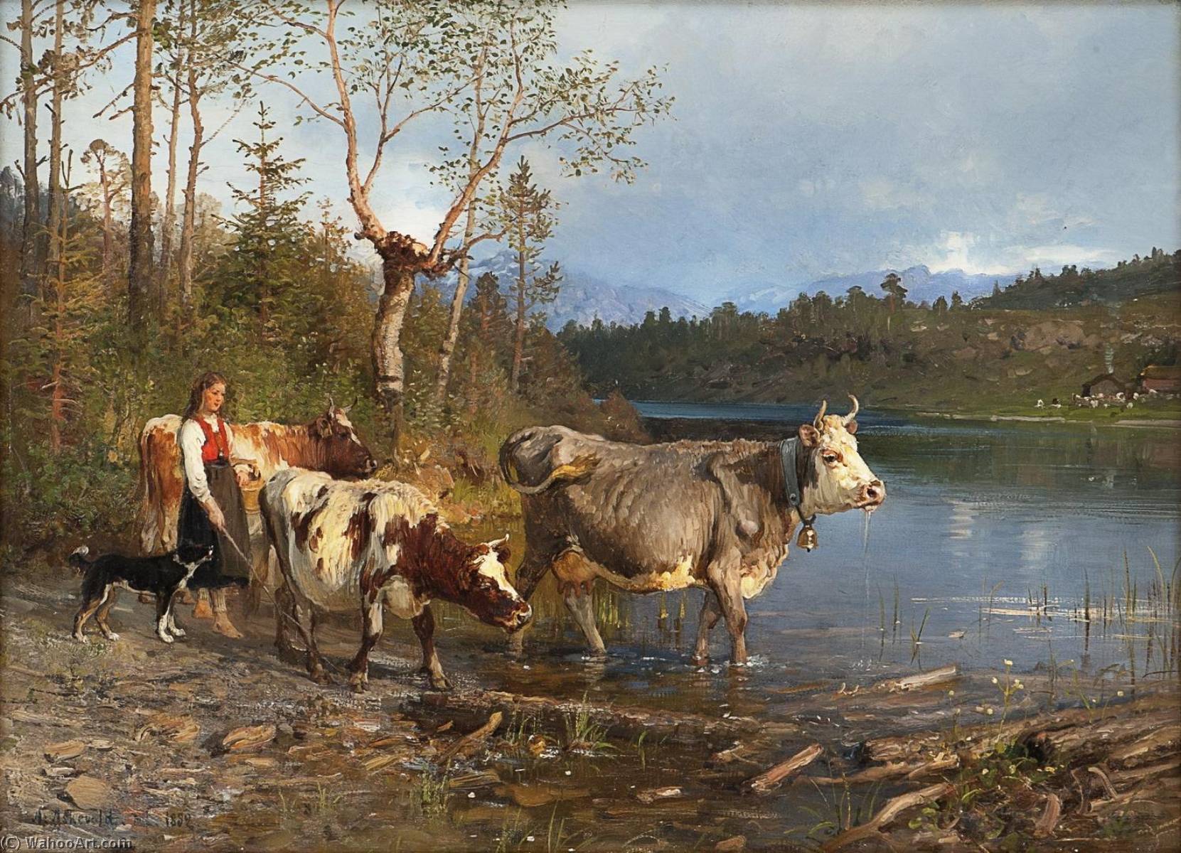 Wikioo.org - The Encyclopedia of Fine Arts - Painting, Artwork by Anders Monsen Askevold - Evening by the Lakeside