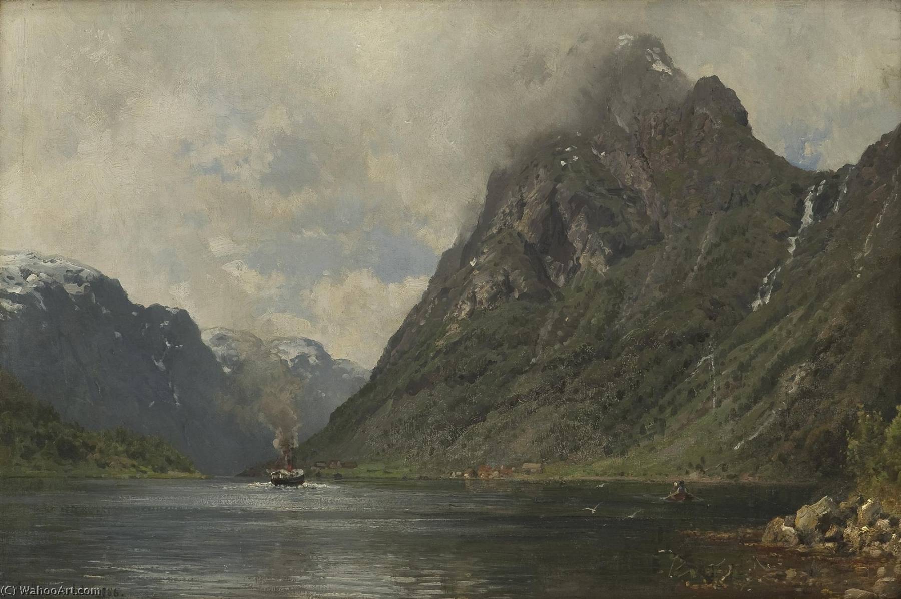 Wikioo.org - Die Enzyklopädie bildender Kunst - Malerei, Kunstwerk von Anders Monsen Askevold - Fjord Landschaft mit Dampfer